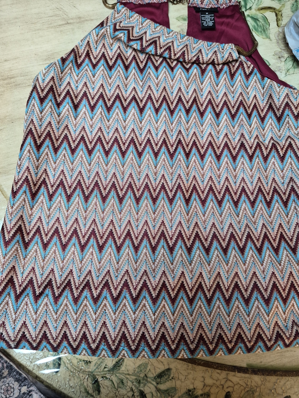 Chevron Pattern Top in Burgundy, Teal & Cream Size M